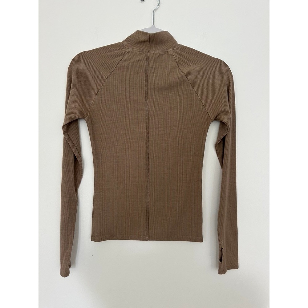 Joan Brown Mock Neck Top S/M Taupe Brown Stitch Flexrib Long Sleeve Thumbholes - Picture 3 of 6